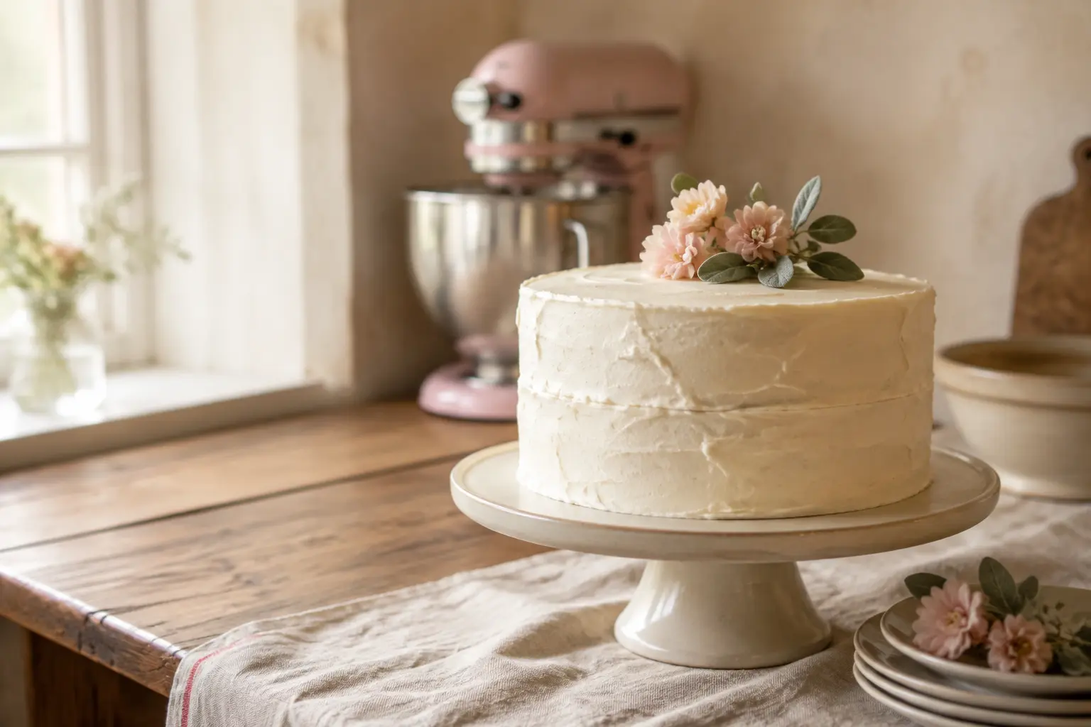 Hand-frosted celebration cake with blush flowers in a warm farmhouse kitchen